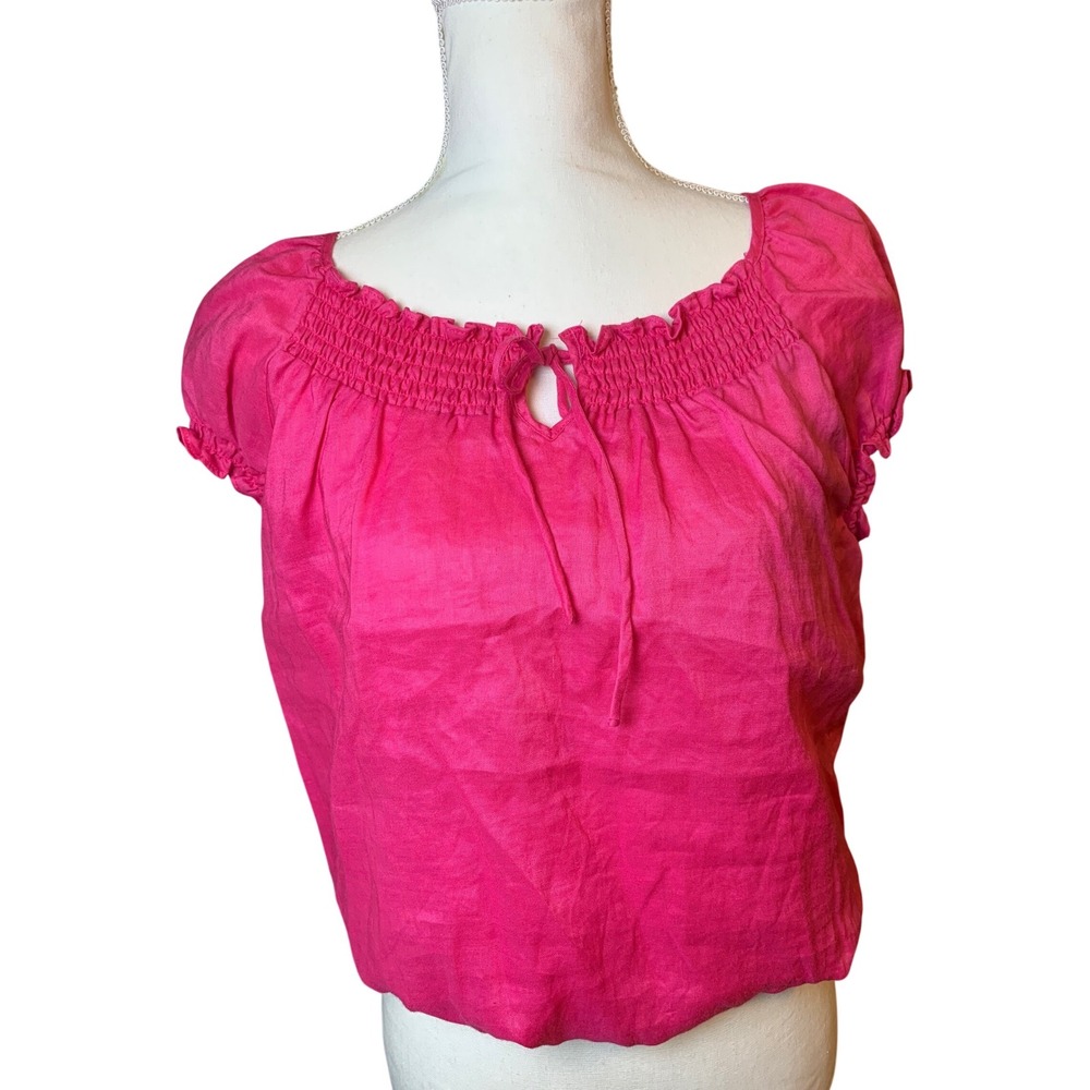 Allison Taylor Womens Hot Pink 100% Linen Smocked Peasant Boho Top Preloved L